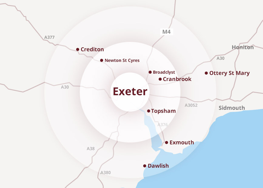 Map featuring the areas we serve (Exeter to Crediton to Ottery St Mary to Dawlish)